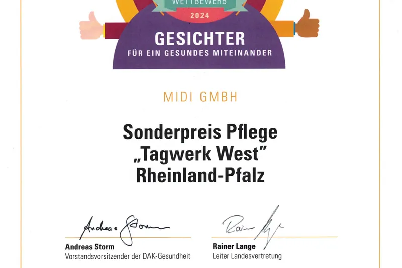 Urkunde der DAK-Gesundheit zum Wettbewerb „Gesichter für ein gesundes Miteinander“ 2024: Sonderpreis Pflege „Tagwerk West“ Rheinland-Pfalz für die MiDi GmbH